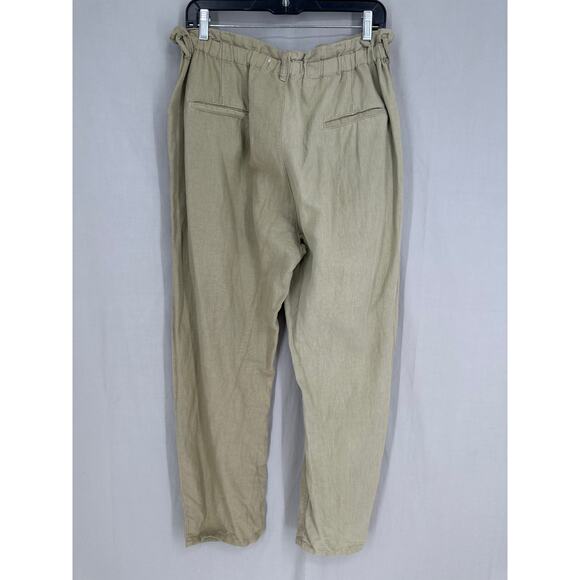 Zara Pants Womens Medium Green Linen High Rise Pockets Button Straight Leg Ankle - Picture 3 of 7